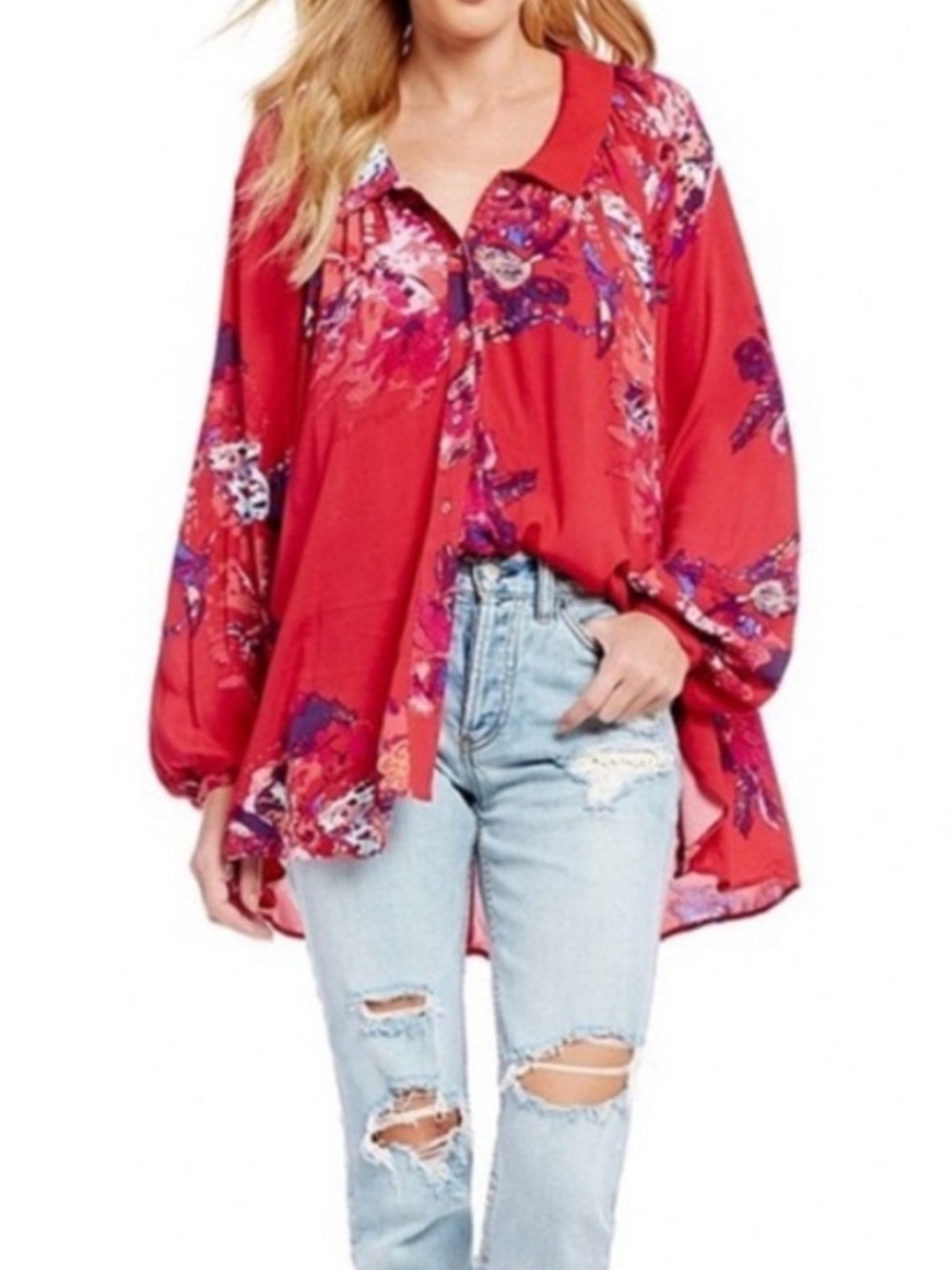 Free People Meadow Lark Top Red Purple Floral Button Front Oversized Size S Boho